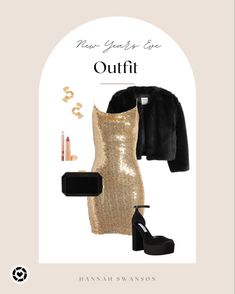 New Years Eve Outfit. Gold Sequins Dress. Faux fur coat. Black block heel. Black clutch. Gold earrings. Pillow talk lipstick. Gold dress. Spaghetti strap dress. Black purse. Lipliner. Holiday outfit. Follow my shop @HannahSwanson on the @shop.LTK app to shop this post and get my exclusive app-only content! #liketkit #LTKHoliday #LTKstyletip #LTKSeasonal @shop.ltk https://liketk.it/3Y8Lp Black Sequin Dress Outfit, New Years Eve Outfits Dress, New Years Outfits Parties, New Years Dresses, Gold Dress Outfits, Dress With Stockings Outfit, Gold Sequins Dress, Faux Fur Coat Black, Christmas Fashion Photography