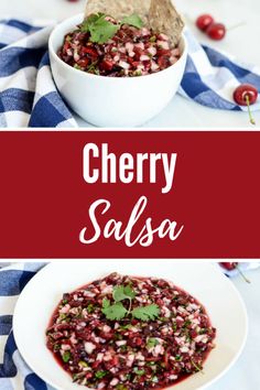 cherry salsa in a white bowl on top of a blue and white checkered table cloth