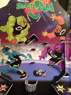 an advertisement for space jam with cartoon characters on the front and back sides of it