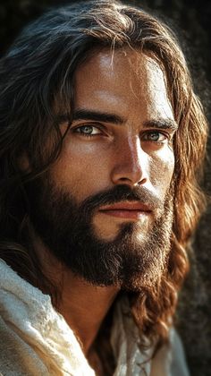 a man with long hair and beard wearing a white robe looking at the camera while standing in front of a stone wall