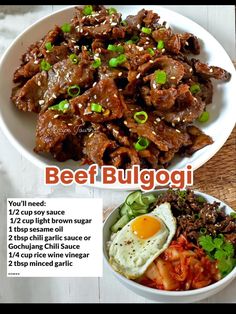 beef bulgogi with egg and vegetables in a bowl