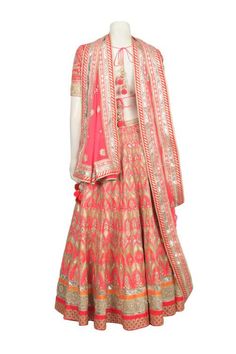 bridal wear lehenga in peach color Coral Lehenga, Peach Color Lehenga, Gotta Patti Lehenga, Applique Borders, Velvet Applique, Curated Outfit, Anita Dongre, Add Sleeves, Bridal Lehenga Red