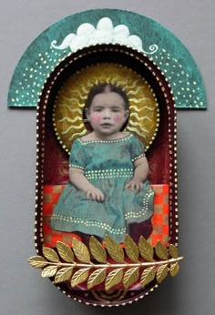 This small wall shrine incorporates folk-art and a vintage look photo.  I like the hand painted touches. Altered Tins, Found Art, Arte Popular