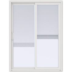 an open sliding glass door with blinds on the top and bottom window, in white