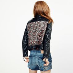 The Kennedy Classic Moto is a leather jacket with a surprise printed back panel in a ditzy floral print. Guaranteed a double take. Designer Jackets For Women, Double Take, Jacket Design, Moto Jacket, Black Print, Vintage Looks