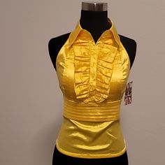 Nwt Bright Yellow Padded Halter Top With Button-Down Collar And Corset-Like Hooked Back. Very Sexy And Unique Top From European Boutique, Perfect For The Summer! * Note Pads Are Not Removable And Sewn In. **Small But Top Fits Snug On A Size 2 Mannequin, So Fits More Like An Xs. Never Worn And From A Pet/Smoke Free Home. Fitted Yellow Blouse For Night Out, Ruffles Top, Note Pads, Unique Top, Fit N Flare Dress, Button Down Collar, Bright Yellow, Fit & Flare, Halter Top