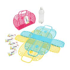 three different colored baskets with water bottle on top and one in the middle for storage