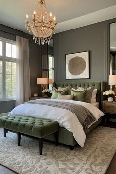 a bedroom with a large bed and chandelier