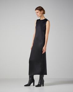 An easy, elegant sleeveless midi dress in luxurious satin, perfect for laying with tailoring. Sleeveless Midi Dress, Knitwear Tops, Midi Dress Sleeveless, Black Silk, Shoe Collection, Outerwear Jackets, Jacket Dress, Knitwear, Loose Fitting