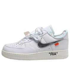 The Nike Air FORCE 1 07 OFF White was released as part of the AF100 pack to celebrate the 35th anniversary of the Air Force 1. The shoe features a white leather upper with Virgil Abloh's signature touches, including a stitched-on metallic silver Swoosh and an orange tongue tag. The shoe also has prominent branding on the medial side with 'Air' appearing on the midsole. The foam tongue on the left shoe sports an off-center tongue tag. (AF1/SNKR) White Logo Sneakers For Streetwear, White High-top Custom Sneakers With Logo, Modern White Custom Sneakers With Perforations, Urban White Custom Sneakers With Logo, Urban Custom White Sneakers With Logo, Urban Style Custom White Sneakers With Logo, White Custom Lace-up Sneakers With Logo, Custom White Lace-up Sneakers With Logo, White Leather Nike Air Force 1 For Streetwear