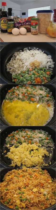 four different pans filled with food sitting on top of a counter