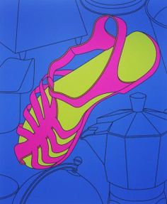 a painting of a pair of pink shoes on blue background with coffee pot and canisters