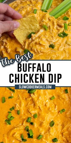 the best buffalo chicken dip in a bowl with tortilla chips