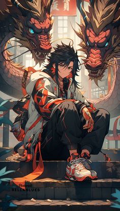 an anime character sitting on the steps with two dragon heads