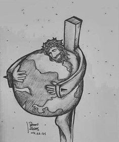 a drawing of a man holding the earth in his arms