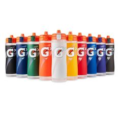 six different colors of water bottles with the word gogo written in white on them