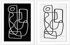 two black and white paintings with lines on them