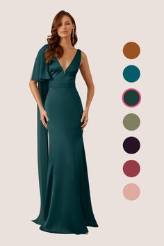 a woman in a long green dress with different color options for the colors and size