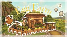 an animated farm scene with the words egg farm in front of it and some animals