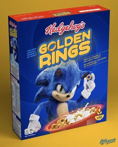 an image of a box of cereal for the game sonic gold rings on yellow background