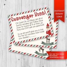 two christmas themed printables with the words scavenger hunt and elf on them