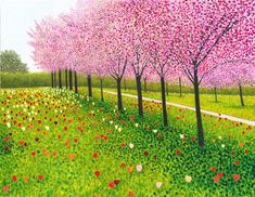 a painting of trees and flowers in the grass