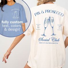 Personalized PJs and Prosecco Shirts for Champagne Themed Bachelorettes, Birthday Parties and Girls Spa Weekend Trips. Get ready for a night of relaxation and celebration with our 'Custom PJs and Prosecco' bachelorette shirt! Perfect for pajama-themed parties, this PJs and Prosecco tee pairs perfectly with champagne and fun. Customize it for your bridal party or birthday party and toast to unforgettable moments in style! 🥂🛌 All text, colors, and elements can be modified - including whether you Pajamas And Prosecco Bachelorette, Pj And Prosecco Bachelorette, Pjs And Prosecco Party, Pjs And Prosecco Bachelorette Party, Pjs And Prosecco, Prosecco Bachelorette, Gift Wrapping Tutorial, Prosecco Wine, Resort 2025