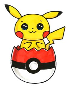 a drawing of a pikachu sitting on top of a poke ball with big eyes