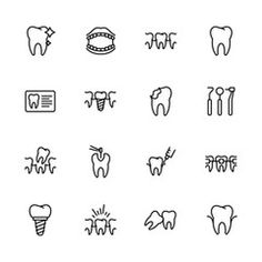 toothbrushes and dental care icons are shown on a white background with black lines