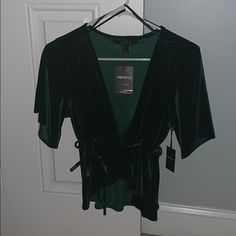 Dark Green Velvet Blouse With Tie String At Waistline Brand New Green V-neck Top For Date Night, Forever 21 V-neck Tops For Night Out, Forever 21 V-neck Blouse For Night Out, Chic Green Top From Forever 21, Forever 21 V-neck Blouse For Date Night, Green Velvet Blouse, Dark Green Velvet, Satin Bustier, Corset Blouse