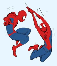 two spider - man are jumping in the air with their hands up to each other