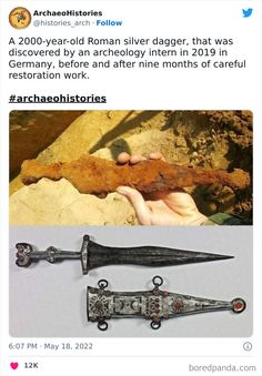 an image of two old fashioned items on twitter, one is holding a knife and the other is pointing at it