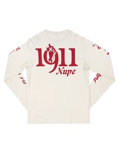 a white long - sleeved shirt with red writing on the sleeves