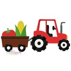 a red tractor pulling a trailer filled with farm animals and corn on the cob