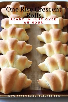 rolls on a baking sheet with the words, one rise crescent rolls ready in just over an hour