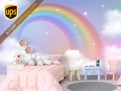 a bedroom with a rainbow wall mural in the corner and pink furniture on the floor