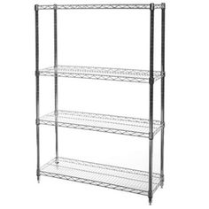 chrome wire shelving unit with four shelves on each side and one shelf above the other