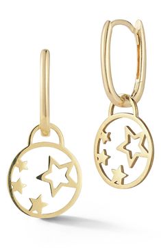 Star shapes add celestial styling to huggie-hoop earrings crafted from 14-karat gold. 1" drop Hinge with snap-post closure 14k gold Made in Turkey Celestial Style Huggie Earrings With Star Charm, Celestial Yellow Gold Tarnish-resistant Hoop Earrings, Gold Celestial Small Hoop Huggie Earrings, 14k Gold Celestial Hoop Earrings, Celestial Small Hoop Huggie Earrings, Celestial Huggie Earrings With Star Charm Dangle, Gold Celestial Dangle Huggie Earrings, Huggie Earrings With Star Charm, Celestial Dangle Huggie Earrings With Star Charm