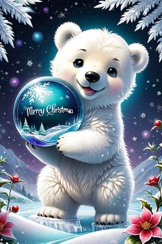 a polar bear holding a christmas ball in its paws with snowflakes on the background