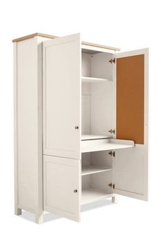 a white cabinet with an open door on the top and bottom shelf is shown against a white background