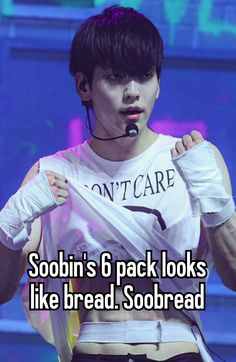 a man with his hands on his hips and the caption says, sobin's 6 pack looks like bread - soo