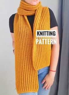 a woman wearing a yellow knitted scarf with the words knitting pattern written in white