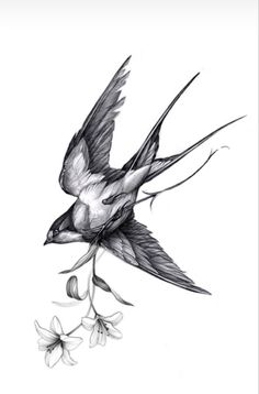 a black and white drawing of a bird with flowers