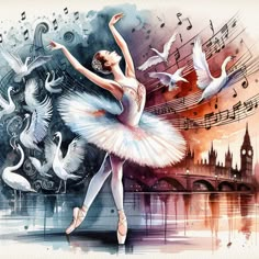 a watercolor painting of a ballerina in front of swans and music notes on the wall