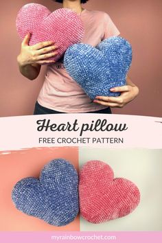 a woman holding two heart pillows in her hands with text overlay that reads, free crochet pattern