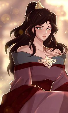 an anime character with long hair wearing a red dress and gold tiara on her head