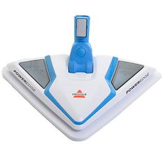 a white and blue floor sweeper on top of a white surface with the words powergliue written on it