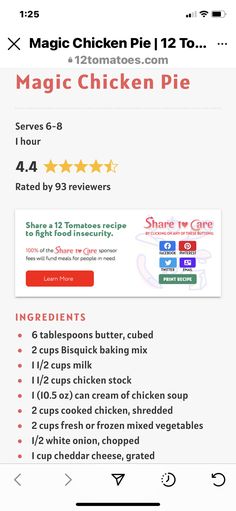 the magic chicken pie recipe is shown on an iphone