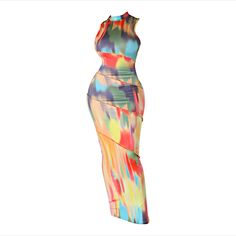 Stretch Dress Round Neckline Sleeveless Tye Dye No Closure 95% Polyester 5% Spandex Hand Wash Cold Multicolor Sleeveless Stretch Maxi Dress, Multicolor Stretch Sleeveless Maxi Dress, Stretch Multicolor Sleeveless Maxi Dress, Multicolor Sleeveless Bodycon Maxi Dress, Sleeveless Multicolor Bodycon Maxi Dress, Multicolor Sleeveless Fitted Bodycon Dress, Sleeveless Bodycon Multicolor Maxi Dress, Multicolor Fitted Sleeveless Bodycon Dress, Sleeveless Multicolor Fitted Bodycon Dress