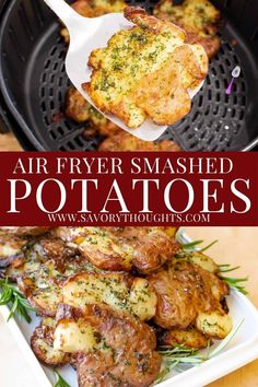 air fryer mashed potatoes in a pan with text overlay